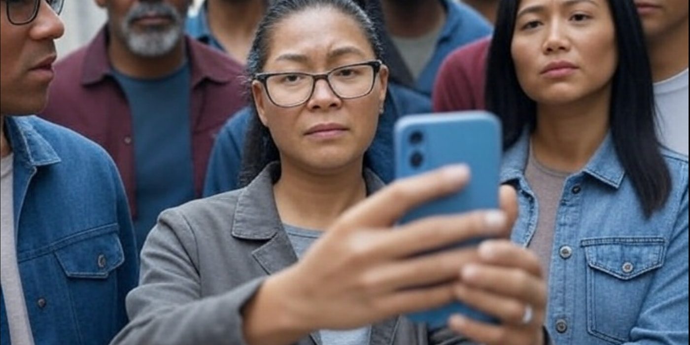 Vecinos en la calle; una mujer graba con su celular