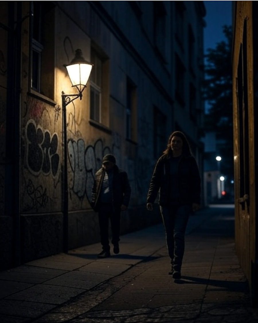 Calle de la ciudad de noche, con dos personas caminando bajo un farol